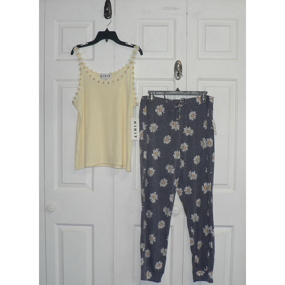Kikit Women's Daisy Trim Tank & Jogger Pajama Set Navy/Yellow/White Large $50